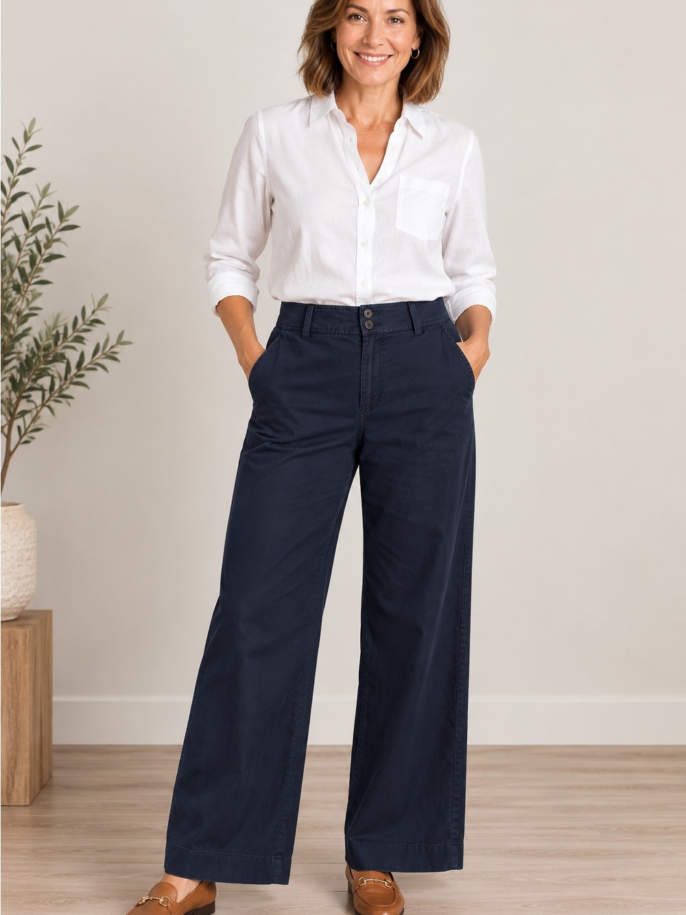 Talbots Size 6 Wide Leg Pants High Rise Tencel Linen Navy